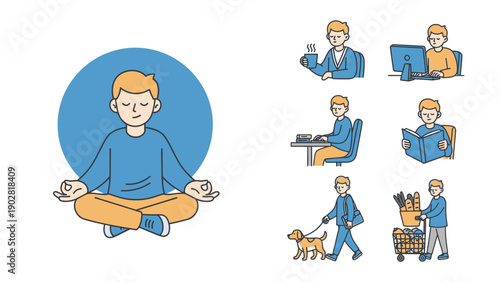Man Meditating and Doing Daily Activities Set.