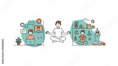 Man Meditating Between Work and Relaxation Zones.