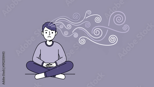 Man Meditating with Swirling Thoughts Representing Mental Health and Stress.