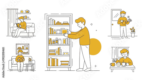 Man organizing bookshelf and engaging in various home activities.