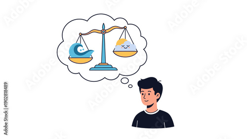 Man Pondering Life Choices with Scales of Emotion and Logic in Thought Bubble.