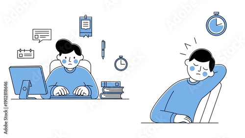 Man working diligently at desk and another man feeling tired and sleepy.