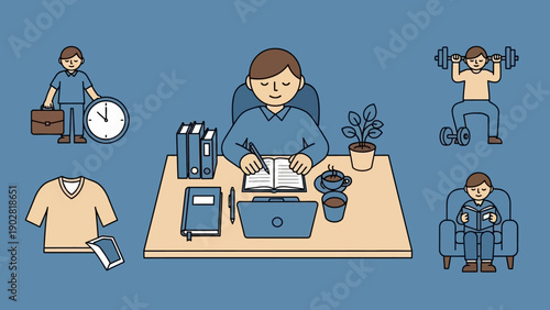 Man working at desk with laptop and books, surrounded by daily activities.