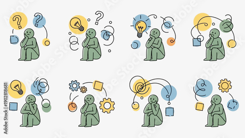 Meditating figure with abstract thought bubbles and symbols representing ideas and questions.