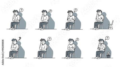 Monochromatic illustration of a man sitting on a chair, deep in thought, with a question mark above his head.