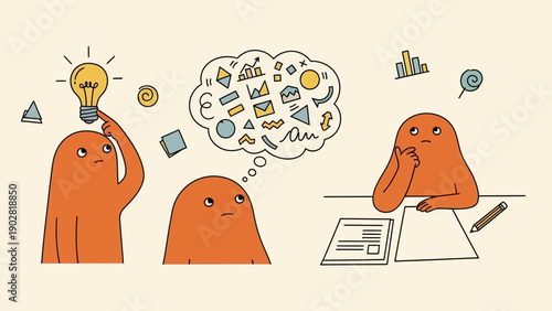 Orange blob characters brainstorming and having ideas.