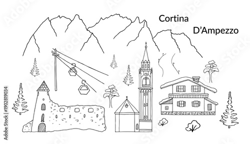 Cortina Italy winter travel season banner with architecture landmarks such as church and chalet house in Dolomite Alps mountains. Doodle hand drawn by ink black contour.
