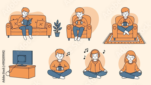 People enjoying various leisure activities at home, relaxing and unwinding.