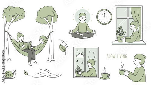 People enjoying various relaxing activities at home and outdoors, embracing a calm lifestyle.