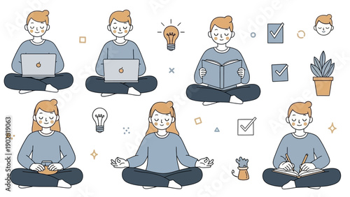 People meditating and working on laptops and books with lightbulbs and plants.