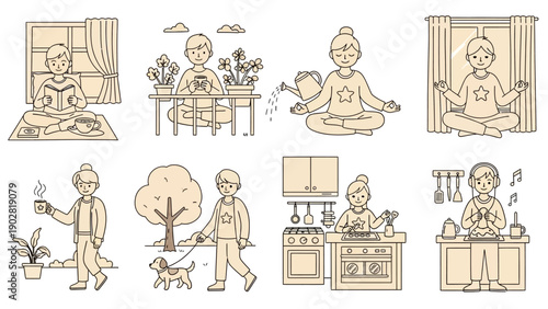 People enjoying various relaxing and productive activities at home and outdoors.