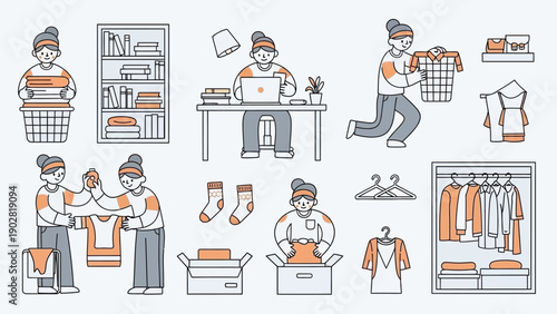 People organizing and folding clothes for storage or donation.