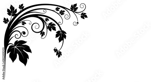 Black Botanical Grape Leaf Corner Ornament Isolated White Background