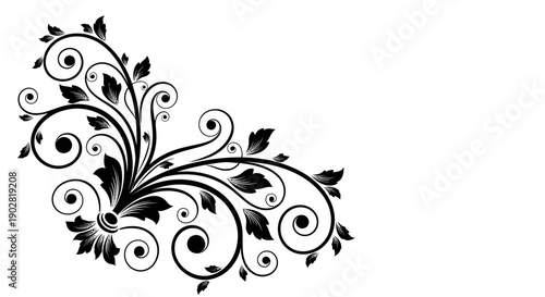 Bold Black Intricate Floral Corner Ornament Isolated White Background