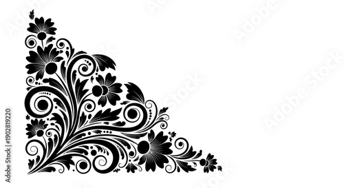 Konstfotografi Dense Black Traditional Floral Corner Decoration Isolated White Background