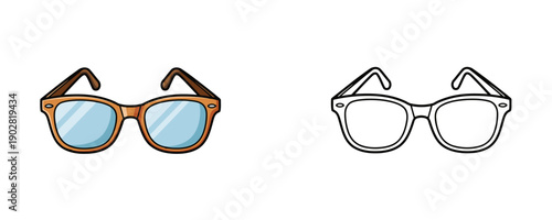 Single pair of eyeglasses shown in colored and black and white outline version in cartoon style with blue lenses representing vision correction accessories on a white background