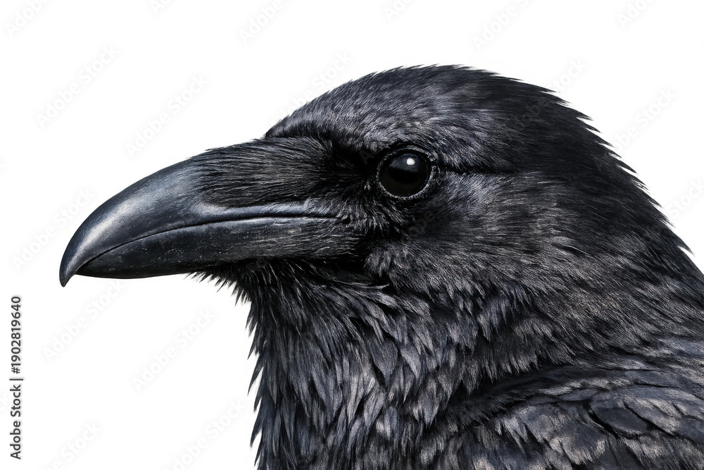 Fototapeta premium Raven head profile with detailed black feathers, intelligent eye, and beak on transparent background