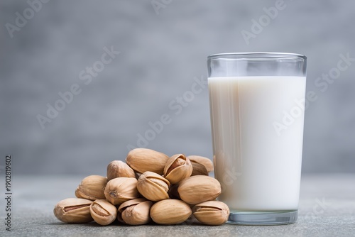 Pistachio milk in the glass on the gray background. 
