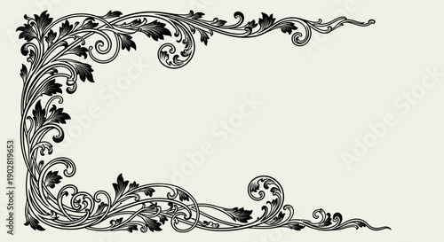 Classic Ornate Floral Border Element with Swirling Leaves and Flowers on Light Beige Background