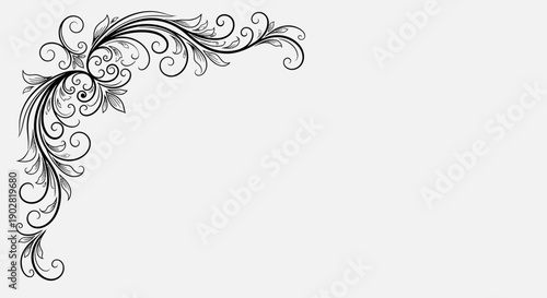 Ornate Black Line Art Corner Design with Detailed Swirls and Leaves on an Isolated White Background.