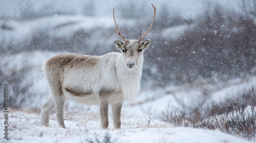 Wallpaper Mural Majestic Reindeer Standing in Snowy Landscape During Winter Snowfall with Soft Focus Background Torontodigital.ca