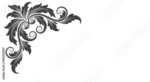 Bold Black Acanthus Leaf Scroll Corner Design on an Isolated White Background.