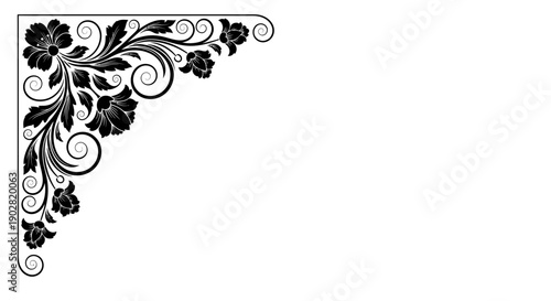 Bold Black Floral Corner Border with Hibiscus Flowers and Swirling Leaves on an Isolated White Background
