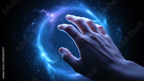 Mysterious Hand Holding Glowing Blue Orb.