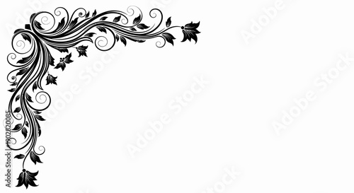 Ornate Black Floral Corner Border with Intricate Swirling Vines and Leaves on an Isolated White Background