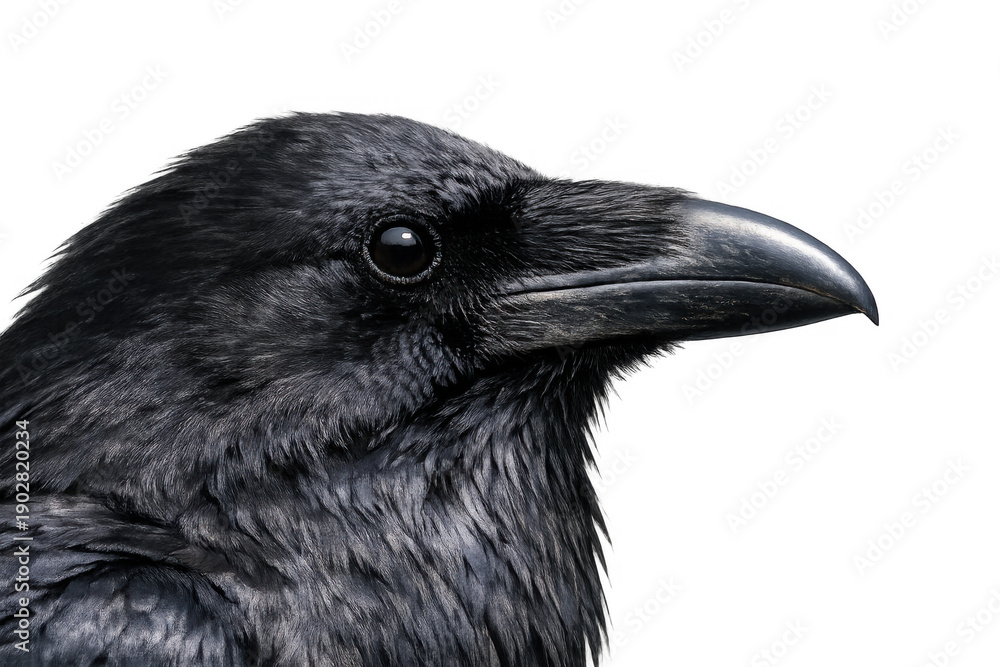 Fototapeta premium Raven head profile with detailed black feathers, close up portrait, intelligent look, isolated, transparent background