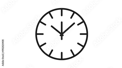Minimalist black outline clock icon symbolizing time, deadline, schedule, punctuality, and duration. Simple vector graphic for planning and countdown.