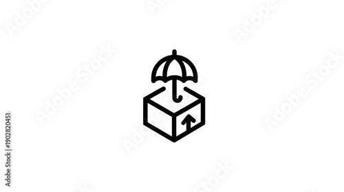 Shipping package protection line icon. Umbrella over a box with up arrow for safe delivery, fragile goods, and careful handling.