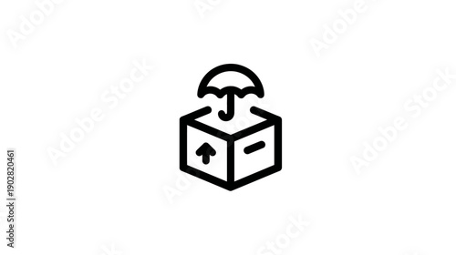 Outline icon of a package box with an umbrella and up arrow, symbolizing shipping, delivery, keep dry, and handle with care instructions.