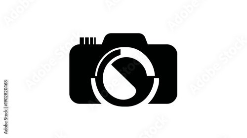 Modern black and white camera icon with stylized lens, flat design vector illustration, photography symbol, media technology graphic.