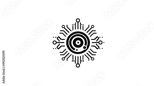 Abstract digital sun icon with circuit board elements, symbolizing technology, innovation, and futuristic concepts.