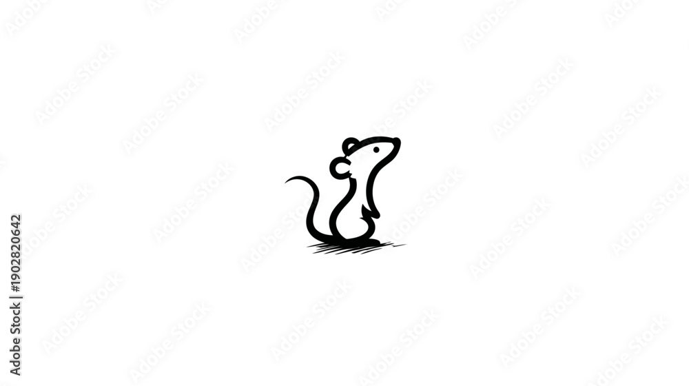 © mukha - Minimalist Hand-Drawn Mouse Illustration in Sketchy Style, Simple Black and White Rodent Standing on White Background