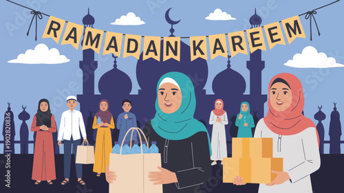 A flat design illustration of Ramadan Kareem, showing a diverse Muslim community distributing charity, food, and gifts, celebrating generosity and togetherness