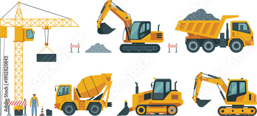 Construction machinery illustration set featuring crane excavator dump truck bulldozer concrete mixer heavy equipment for building sites vector design collection