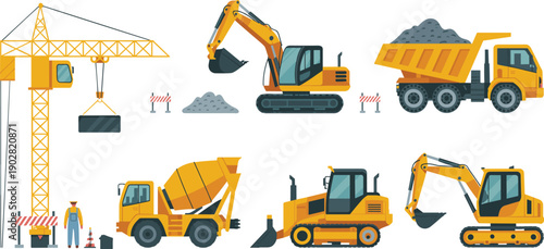 Construction machinery set vector illustration featuring crane excavator bulldozer dump truck concrete mixer heavy equipment industrial development infrastructure engineering site