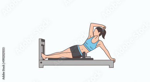 Woman performing side plank exercise on pilates reformer machine.