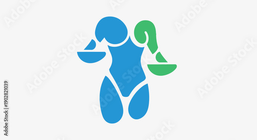 Simple blue and green abstract human figure holding scales.