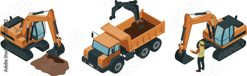 Isometric construction machinery illustration showing excavator loading dump truck with soil and worker heavy equipment on building site vector