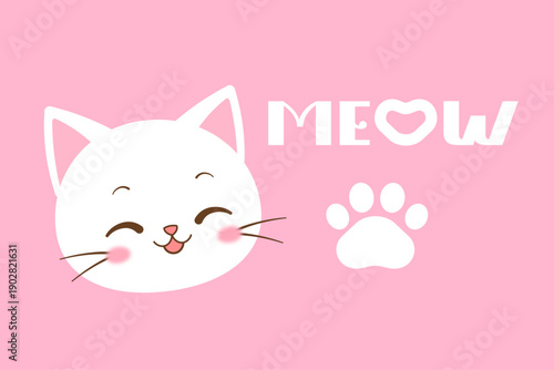 Card Design with Cute White Cat, Paw, and Meow Logo on Pink Background