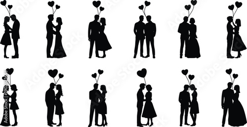 Romantic couple silhouettes with heart balloons, love wedding poses collection, valentine romance concept, isolated black vector illustration set, elegant design icons art bundle printable clipart