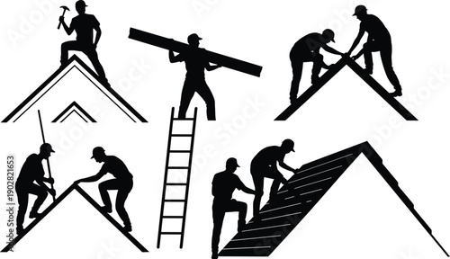 Roof construction workers silhouette illustration, house building and repair process, carpentry and roofing labor, teamwork concept, black vector set