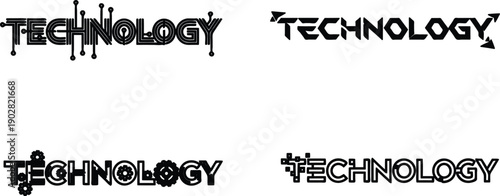 Four different technology text graphics with various design elements and typography styles for digital and print media use  technology concepts