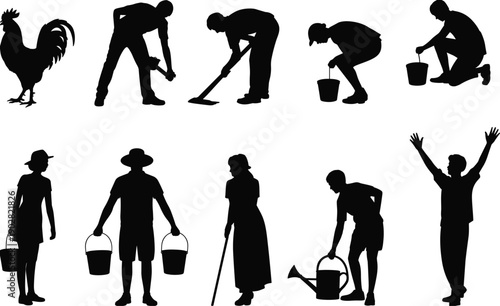 Rural daily life silhouette collection with farmers working, carrying buckets, watering plants, poultry care, traditional village labor scenes, black vector illustration