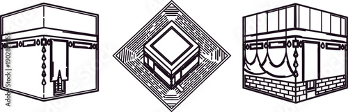 Three different views of the Kaaba cube structure illustrations  Mecca holy city building  Islamic architecture  travel  tourism