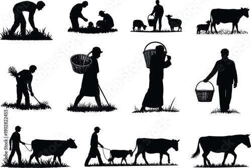 Rural farming and village life silhouette collection, farmers harvesting crops, livestock herding scenes, traditional agriculture activities, black vector illustration isolated on white
