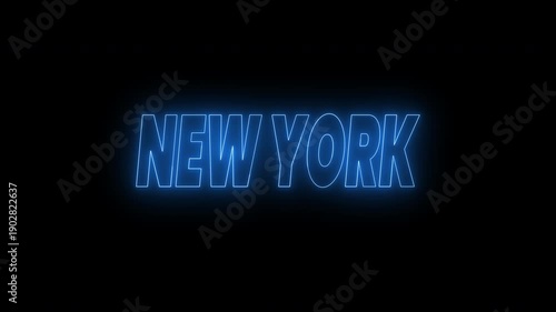 Glowing New York text animation in neon blue color. 4k animated typography Perfect for nightlife, cityscape, urban themes. Ideal for advertising, and social media posts.